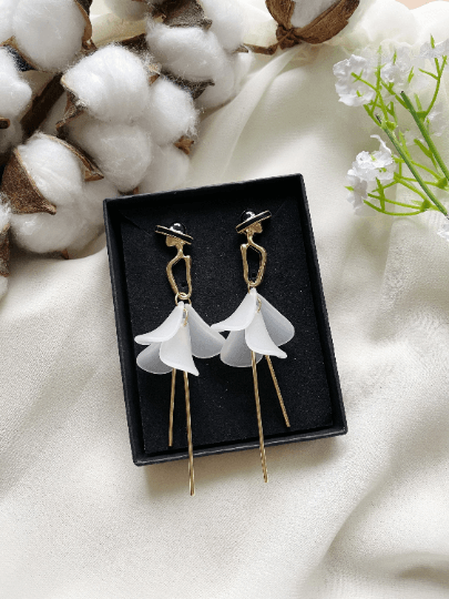 Dancing lady in flower dress earrings | Dangle pearl earrings | dancer girl in petal dress chain drop earrings - TuttyKnitty