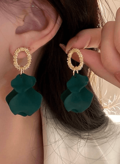 Dark green matte flower earrings |dangly earrings | frosted petals hoop statement earrings | unique gold geometric floral earrings - TuttyKnitty