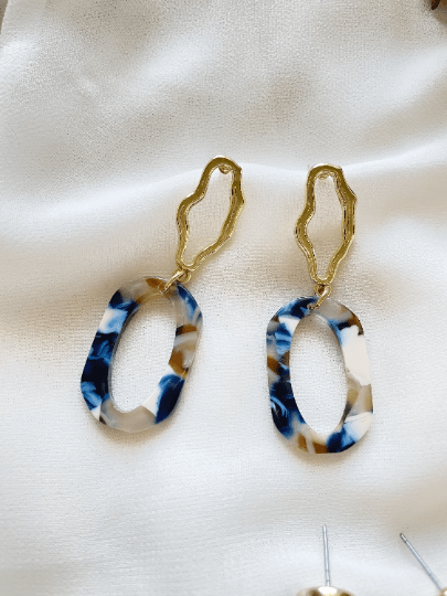 Disc double hoop shaped earrings | Marble effect Resin earrings | lucite acetate tortoiseshell | ocean multicolour drops dangle earrings - TuttyKnitty