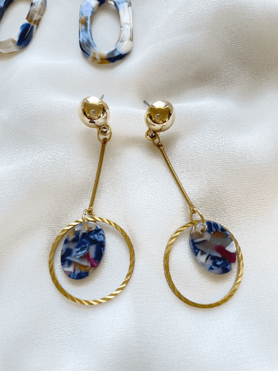 Disc double hoop shaped earrings | Marble effect Resin earrings | lucite acetate tortoiseshell | ocean multicolour drops dangle earrings - TuttyKnitty