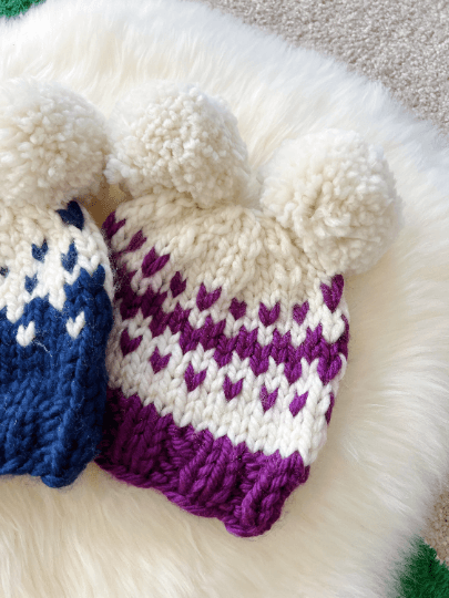 $1 KNITTING PATTERN - Hand knit FairIsle pompom hat | Handknit Baby beanie |Chunky Bear Double Pom Pom Hat | Knit winter hat | 6 - 12 months baby - TuttyKnitty