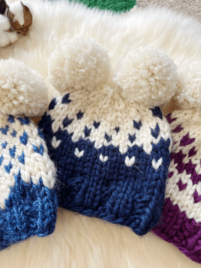 $1 KNITTING PATTERN - Hand knit FairIsle pompom hat | Handknit Baby beanie |Chunky Bear Double Pom Pom Hat | Knit winter hat | 6 - 12 months baby - TuttyKnitty