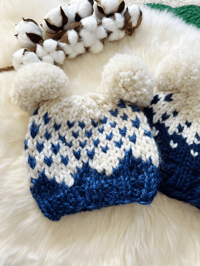 $1 KNITTING PATTERN - Hand knit FairIsle pompom hat | Handknit Baby beanie |Chunky Bear Double Pom Pom Hat | Knit winter hat | 6 - 12 months baby - TuttyKnitty