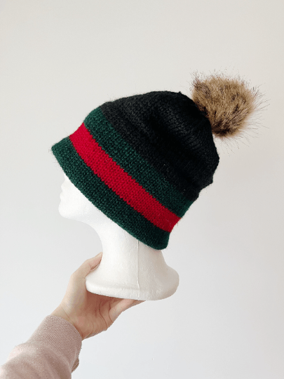 Double brim beanie | faux fur pompom | designer colour - TuttyKnitty