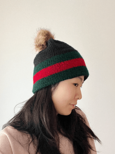 Double brim beanie | faux fur pompom | designer colour - TuttyKnitty