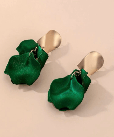 Emerald green iridescent flower earrings |dangly earrings | frosted petals hoop statement earrings | unique gold geometric floral earrings - TuttyKnitty