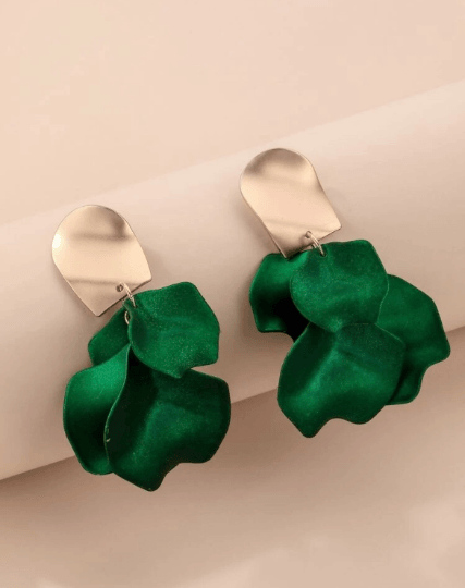 Emerald green iridescent flower earrings |dangly earrings | frosted petals hoop statement earrings | unique gold geometric floral earrings - TuttyKnitty