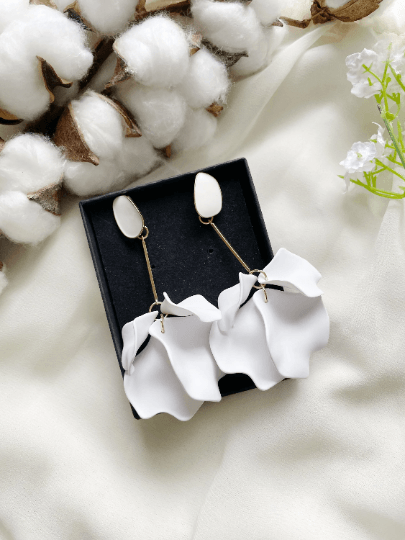 Pure white flower earrings |dangly earrings | frosted petals hoop statement earrings | golden disc geometric floral earrings | bridal - TuttyKnitty