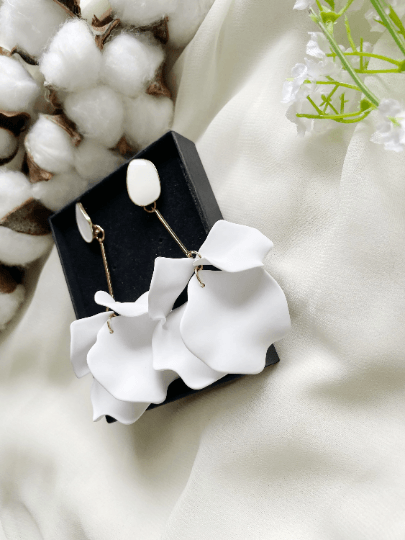 Pure white flower earrings |dangly earrings | frosted petals hoop statement earrings | golden disc geometric floral earrings | bridal - TuttyKnitty