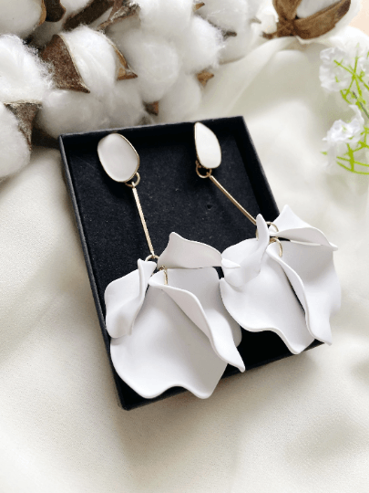 Pure white flower earrings |dangly earrings | frosted petals hoop statement earrings | golden disc geometric floral earrings | bridal - TuttyKnitty