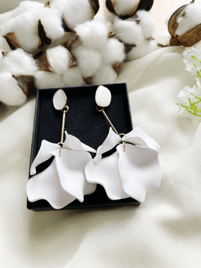 Pure white flower earrings |dangly earrings | frosted petals hoop statement earrings | golden disc geometric floral earrings | bridal - TuttyKnitty