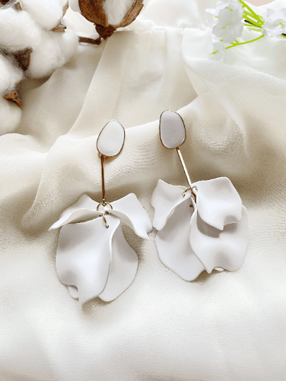 Pure white flower earrings |dangly earrings | frosted petals hoop statement earrings | golden disc geometric floral earrings | bridal - TuttyKnitty