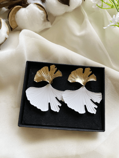 Ginkgo leaf Flower Gold statement earrings | dangly drop earrings | floral geometric earrings | Korean earrings - TuttyKnitty