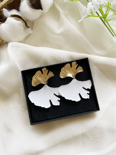 Ginkgo leaf Flower Gold statement earrings | dangly drop earrings | floral geometric earrings | Korean earrings - TuttyKnitty