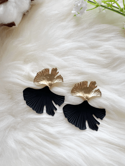 Ginkgo leaf Flower Gold statement earrings | dangly drop earrings | floral geometric earrings | Korean earrings - TuttyKnitty