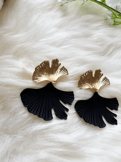 Ginkgo leaf Flower Gold statement earrings | dangly drop earrings | floral geometric earrings | Korean earrings - TuttyKnitty