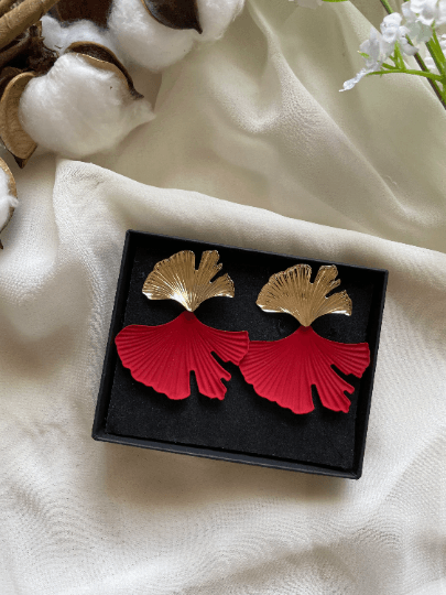 Ginkgo leaf Flower Gold statement earrings | dangly drop earrings | floral geometric earrings | Korean earrings - TuttyKnitty