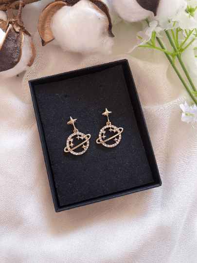 Gold moon and star earrings with colourful rhinestones | Gold diamante dangle earrings | Glitter Statement earrings | Celestial earrings - TuttyKnitty