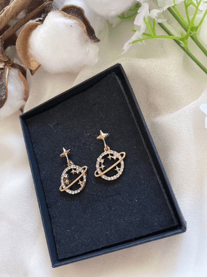 Gold moon and star earrings with colourful rhinestones | Gold diamante dangle earrings | Glitter Statement earrings | Celestial earrings - TuttyKnitty