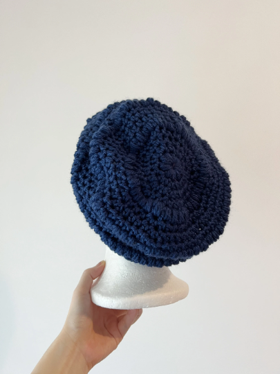 Navy crochet Slouchy Beanie | Crochet Beret | Slouchy Hat in dark blue | Knit beanie in blue purple | cozy winter beret hat - TuttyKnitty