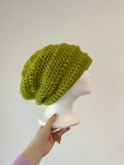 Light green crochet Slouchy Beanie | Chrochet Beret | Slouchy Hat in lime | Knit beanie in pink | cozy winter beret hat