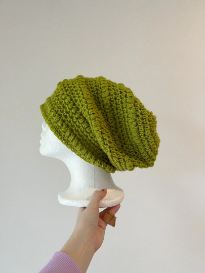 Light green crochet Slouchy Beanie | Chrochet Beret | Slouchy Hat in lime | Knit beanie in pink | cozy winter beret hat - TuttyKnitty