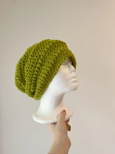 Light green crochet Slouchy Beanie | Chrochet Beret | Slouchy Hat in lime | Knit beanie in pink | cozy winter beret hat - TuttyKnitty