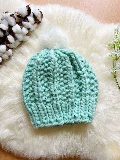 Super chunky faux fur pompom slouchy hat | knit winter beanie | cozy warm knit hat | mint green colour hat