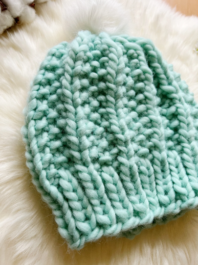 Super chunky faux fur pompom slouchy hat | knit winter beanie | cozy warm knit hat | mint green colour hat - TuttyKnitty