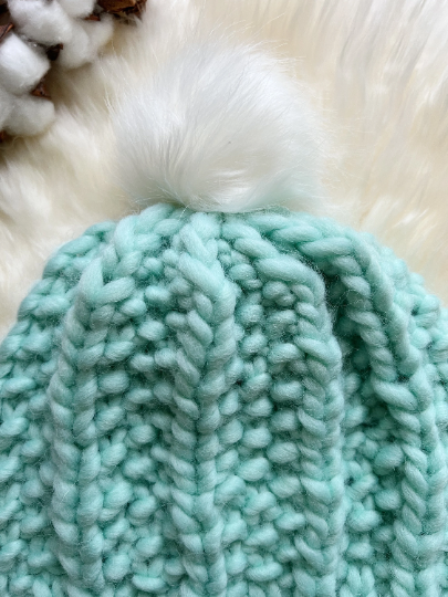 Super chunky faux fur pompom slouchy hat | knit winter beanie | cozy warm knit hat | mint green colour hat - TuttyKnitty