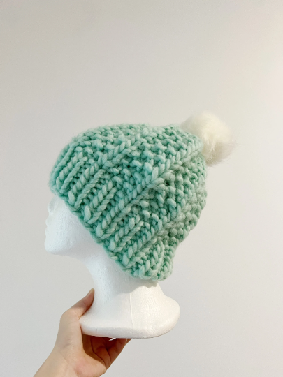 Super chunky faux fur pompom slouchy hat | knit winter beanie | cozy warm knit hat | mint green colour hat - TuttyKnitty