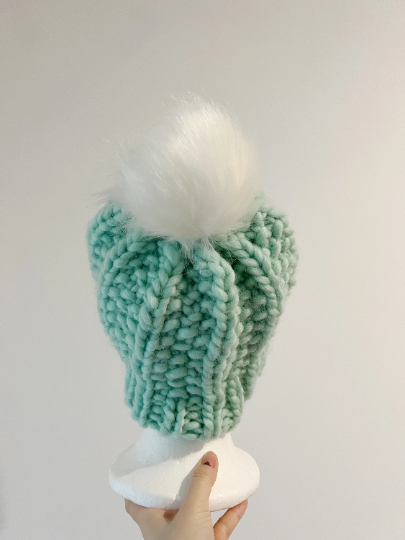 Super chunky faux fur pompom slouchy hat | knit winter beanie | cozy warm knit hat | mint green colour hat - TuttyKnitty