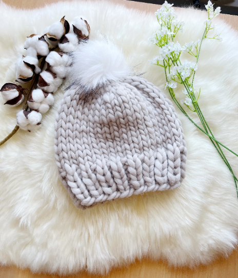 Super chunky faux fur pompom slouchy hat | knit winter beanie | cozy warm knit hat | super soft merino beige hat