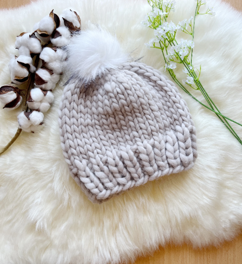 Super chunky faux fur pompom slouchy hat | knit winter beanie | cozy warm knit hat | super soft merino beige hat - TuttyKnitty