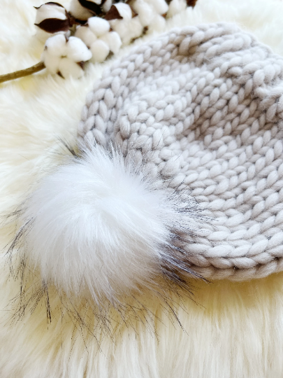 Super chunky faux fur pompom slouchy hat | knit winter beanie | cozy warm knit hat | super soft merino beige hat - TuttyKnitty