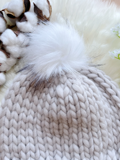 Super chunky faux fur pompom slouchy hat | knit winter beanie | cozy warm knit hat | super soft merino beige hat - TuttyKnitty