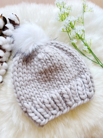 Super chunky faux fur pompom slouchy hat | knit winter beanie | cozy warm knit hat | super soft merino beige hat - TuttyKnitty