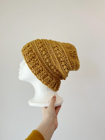 Mustard yellow crochet Slouchy Beanie | Bobbles Beret | Slouchy Hat in mustard | Knit beanie in natural colour | cozy winter beret hat