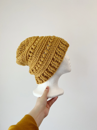 Mustard yellow crochet Slouchy Beanie | Bobbles Beret | Slouchy Hat in mustard | Knit beanie in natural colour | cozy winter beret hat - TuttyKnitty