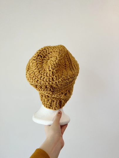 Mustard yellow crochet Slouchy Beanie | Bobbles Beret | Slouchy Hat in mustard | Knit beanie in natural colour | cozy winter beret hat - TuttyKnitty