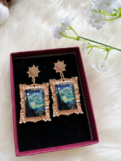 Gold framed famous potrait starry night painting | crumpled golden painter earrings | oriental style decor earrings| cute kawaii earring - TuttyKnitty