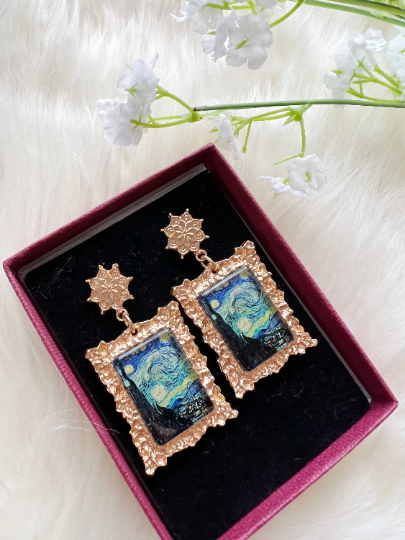 Gold framed famous potrait starry night painting | crumpled golden painter earrings | oriental style decor earrings| cute kawaii earring - TuttyKnitty