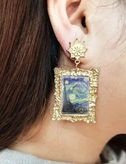 Gold framed famous potrait starry night painting | crumpled golden painter earrings | oriental style decor earrings| cute kawaii earring - TuttyKnitty