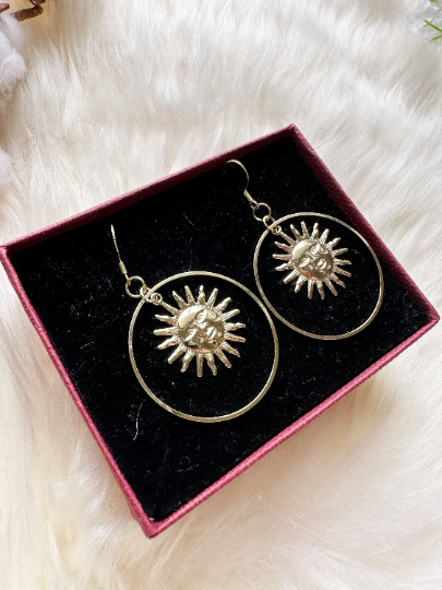 Gold sun hoop earrings | Gold dangle earrings | Statement earrings | Glitter gold drop earrings | - TuttyKnitty