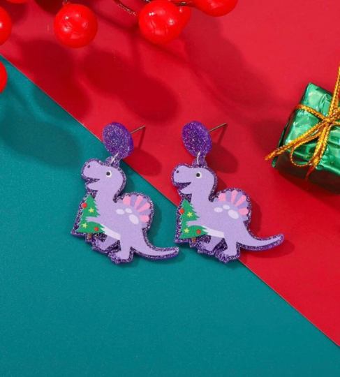 Dino christmas earrings| christmas festival earrings | retro pop art fun lightweight earrings | party earrings - TuttyKnitty