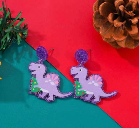 Dino christmas earrings| christmas festival earrings | retro pop art fun lightweight earrings | party earrings - TuttyKnitty