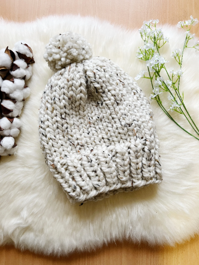 Super chunky pompom slouchy hat | knit winter beanie | cozy warm knit hat | oatmeal colour hat