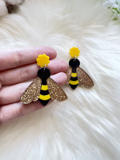 Glitter honey bee earrings | Animal zoo earrings | colourful glitters dangle oversize earrings | christmas fun cute kawaii gift - TuttyKnitty