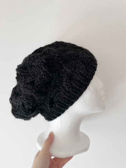 Handknit Cable Slouchy Beanie | Knit Beret | Slouchy Hat in black colour| Knit beanie fluffy alpaca cozy winter hat