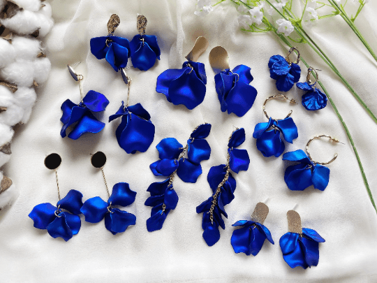 Royal blue iridescent flower earrings | rose petals statement earrings | unique golden bar floral earrings | bridal party wedding earrings - TuttyKnitty